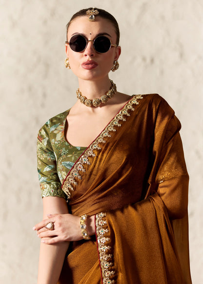 Copper Brown Soft Tissue Silk Designer Saree