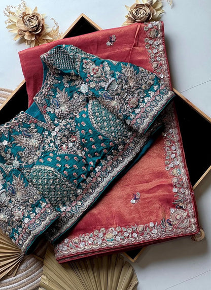 Peach Tissue Silk Designer Saree with Heavy Readymade Blouse