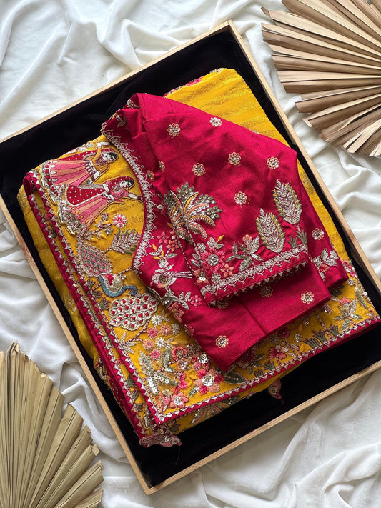 Mustard Yellow Silk Traditional Saree with Maroon Heavy Blouse