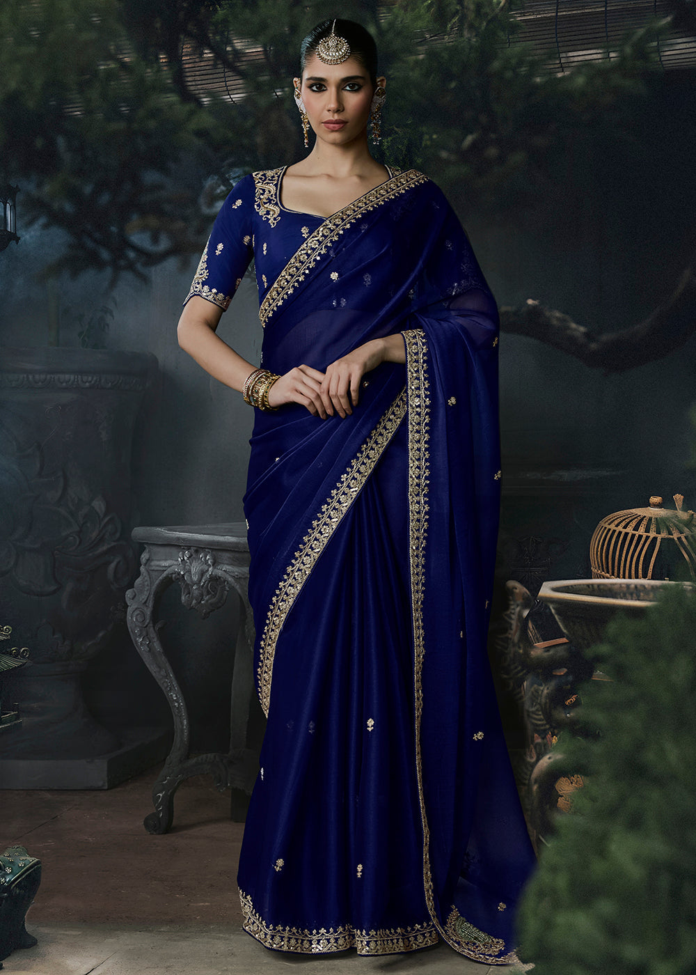 Royal Blue Tissue Silk Saree with designer blouse piece