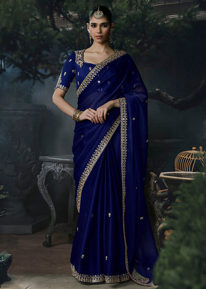 Royal Blue Tissue Silk Saree with designer blouse piece