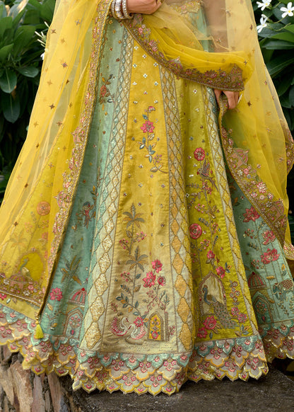 Mustard Yellow & Sage Green Embroidered Silk Designer Lehenga