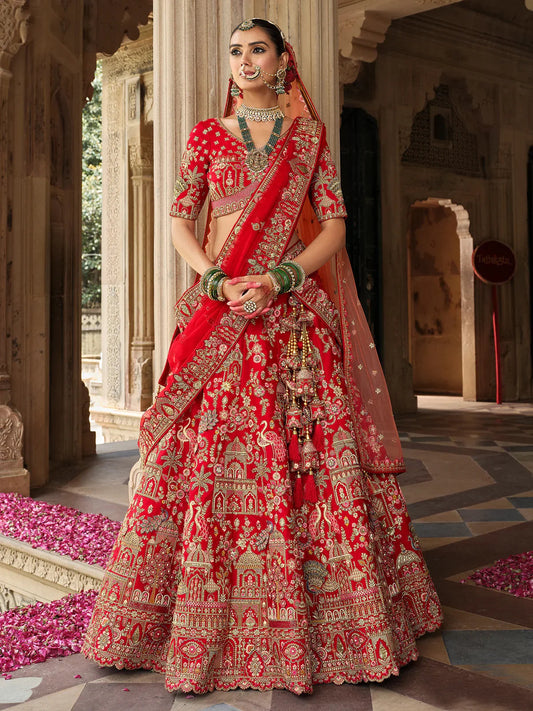 Red Raw Silk Bridal Wedding Lehenga Set With Heavy Net Dupatta