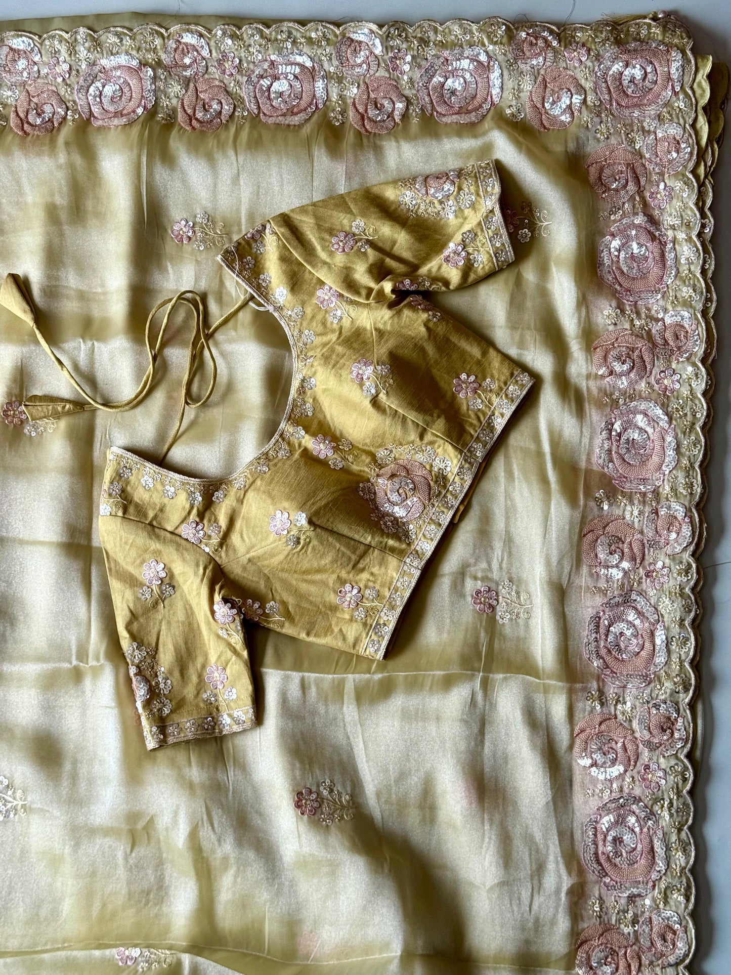 Pineapple Light Yellow Rose Work Tissue Silk Sareee