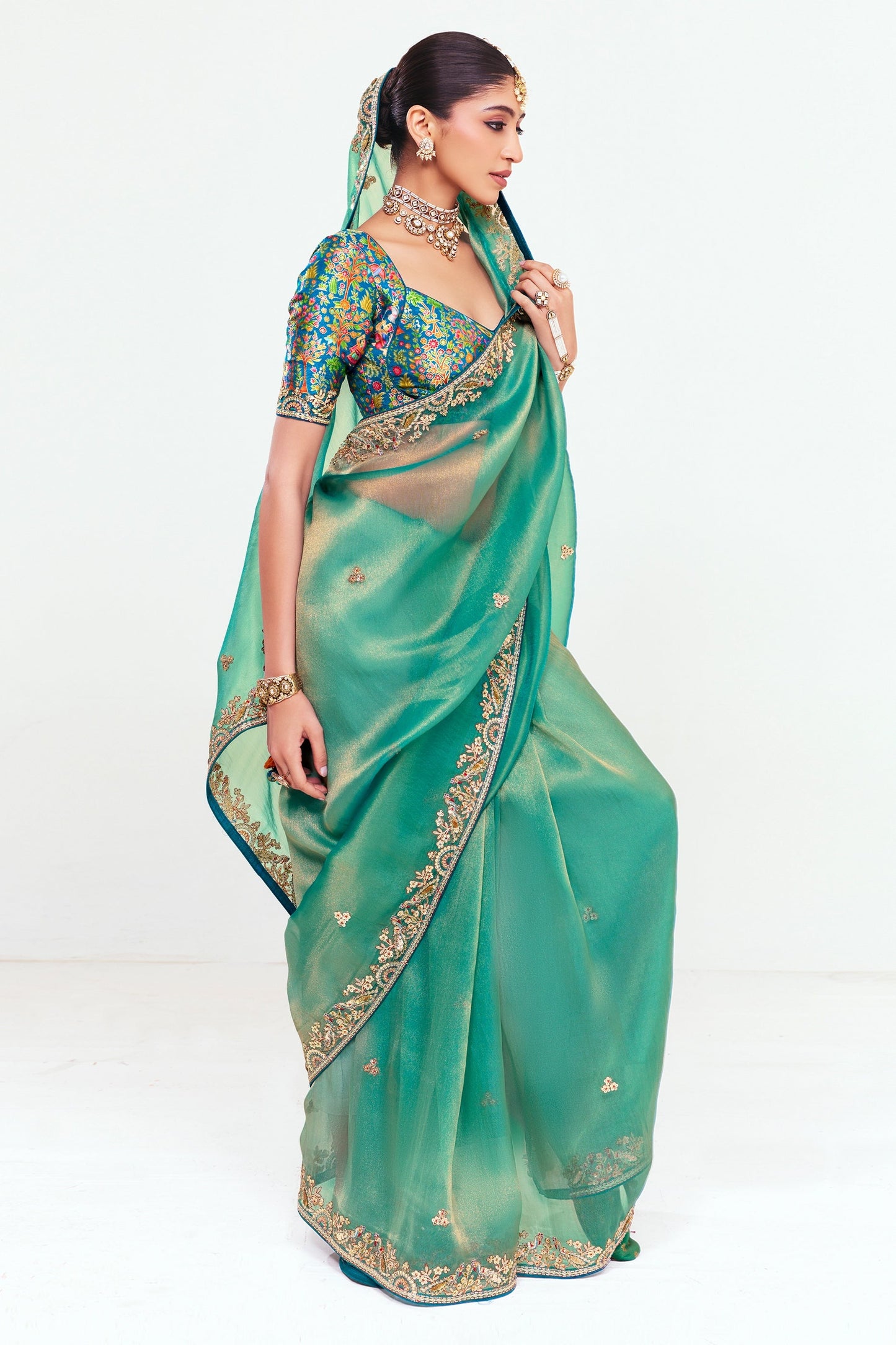 Sea Green Tissue Organza Silk Partywear Saree
