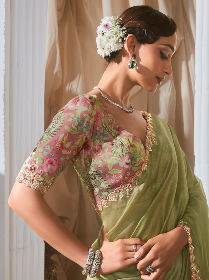 Sea Green Soft Organza Tissue Saree with Printed Blouse