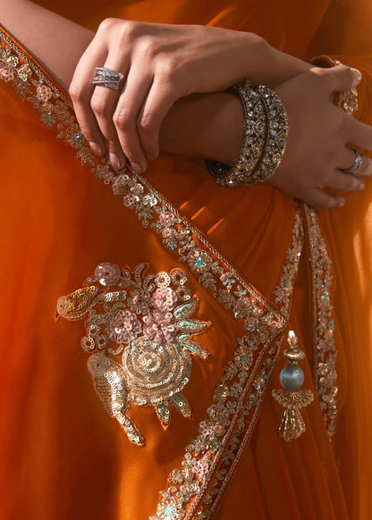 Peel Orange Soft Tissue Silk Designer Saree