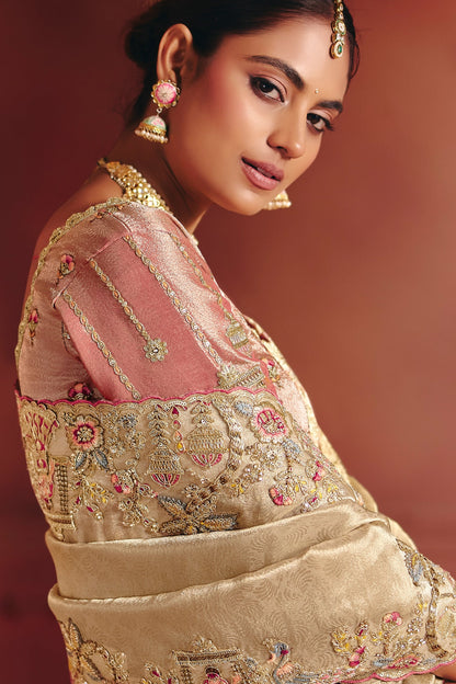 Champagne Gold Heavy Border Gloss Silk Saree