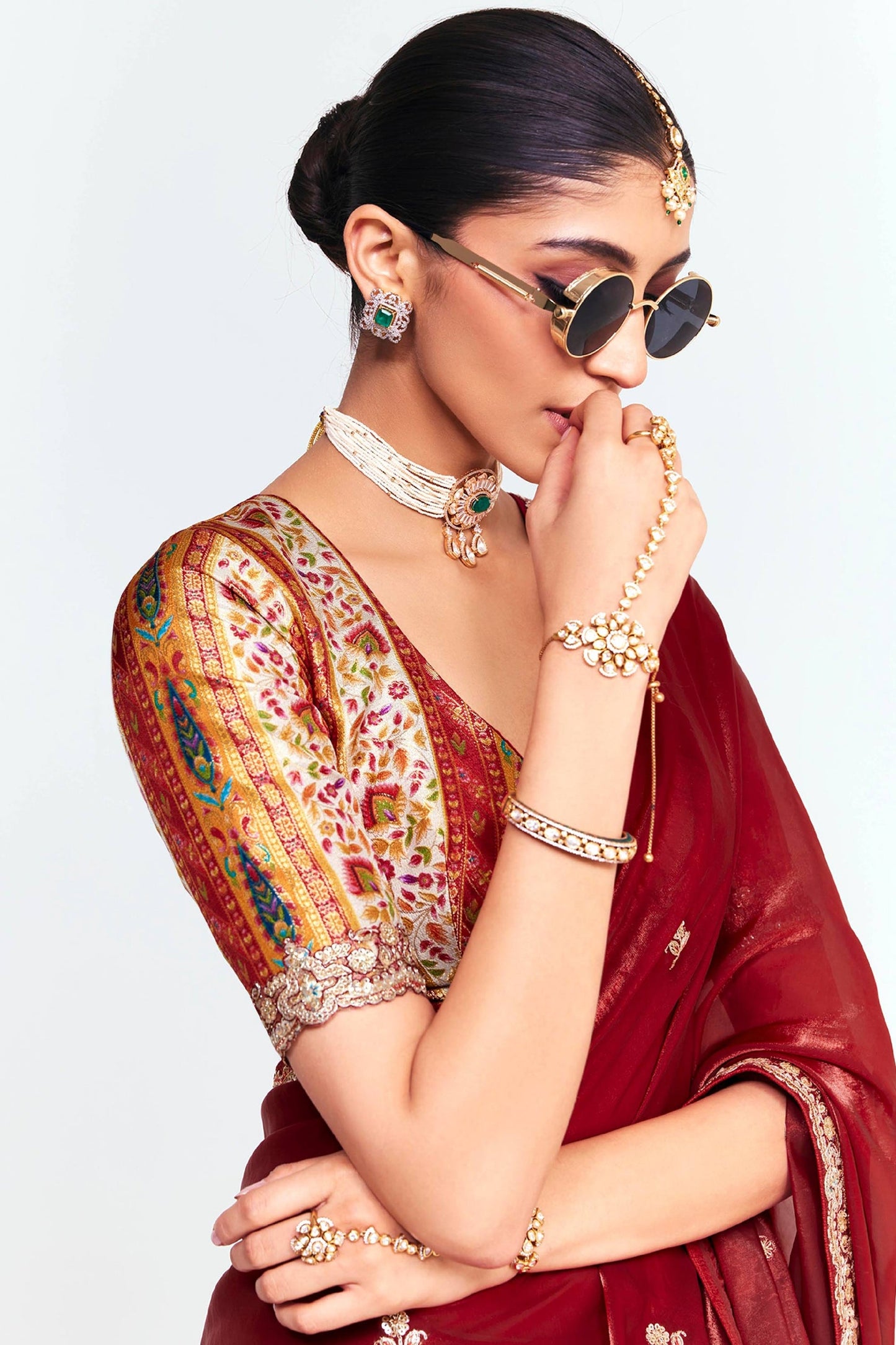Ruby Red Tissue Organza Silk Partywear Saree