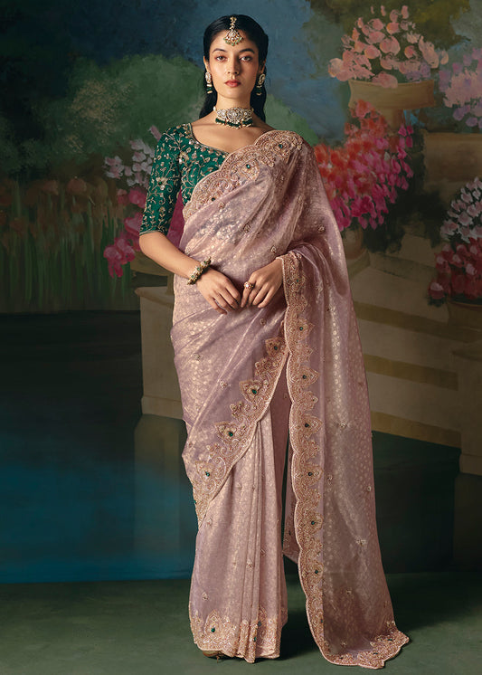 Lavender Tissue Silk Heavy Blouse Designer Saree