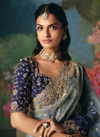Shaded Ocean Blue Soft Tissue Silk Heavy Blouse Designer Saree