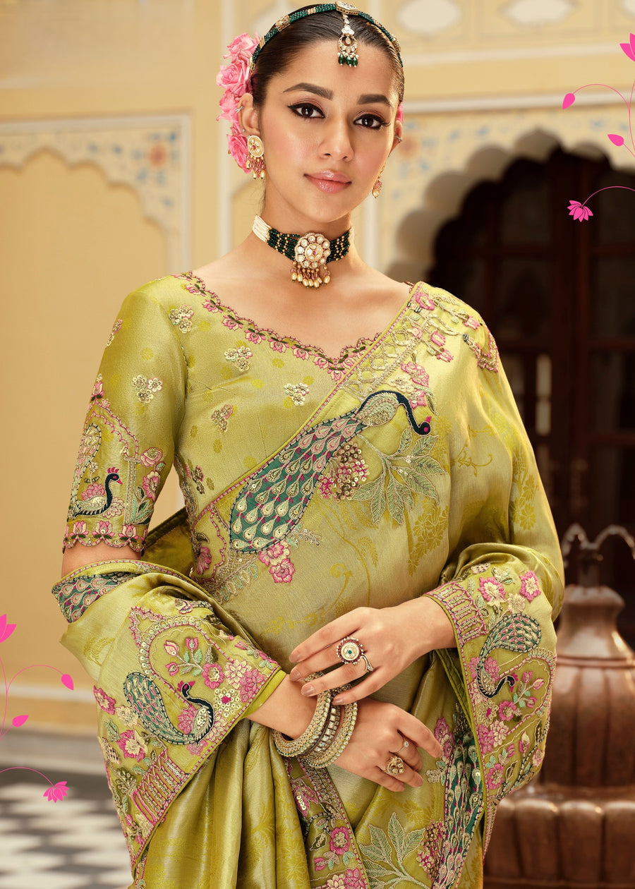 Olive Green Embroidered Border Zari Viscose Silk Saree With matching Blouse