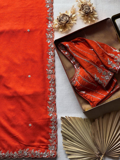 Siena Orange Soft Tissue Silk floral border Designer Saree