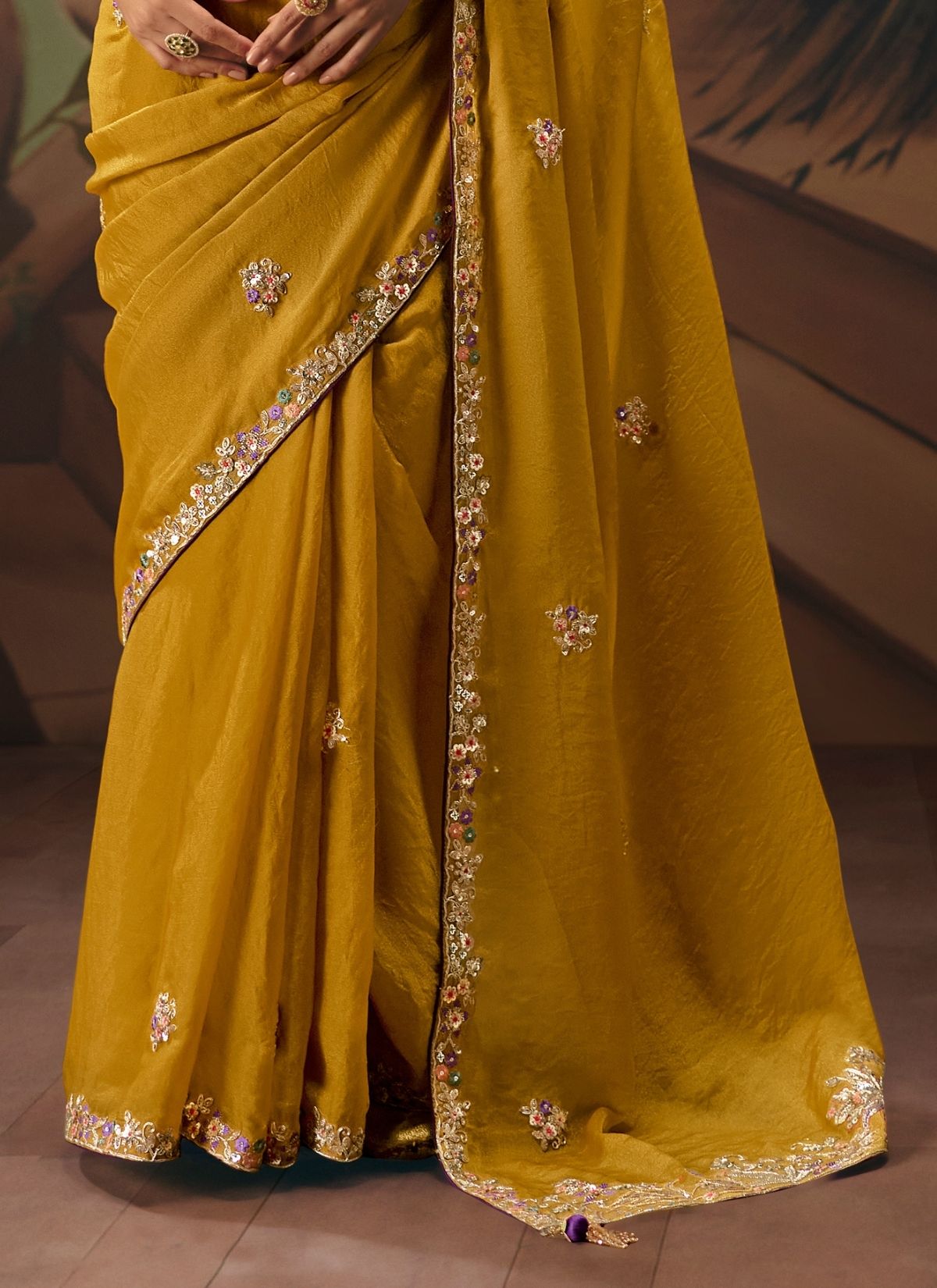Mustard Yellow Tissue Silk Floral Zari Work Saree