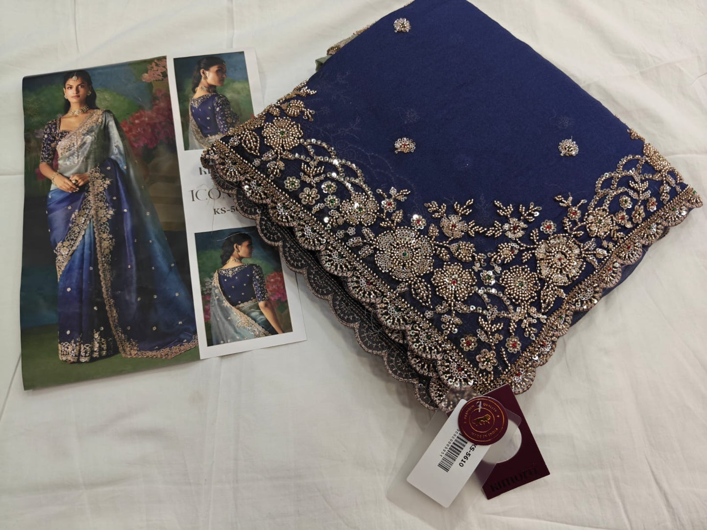 Shaded Ocean Blue Soft Tissue Silk Heavy Blouse Designer Saree