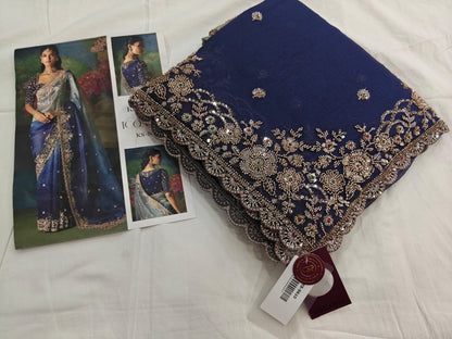 Shaded Ocean Blue Soft Tissue Silk Heavy Blouse Designer Saree