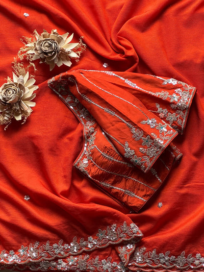 Siena Orange Soft Tissue Silk floral border Designer Saree