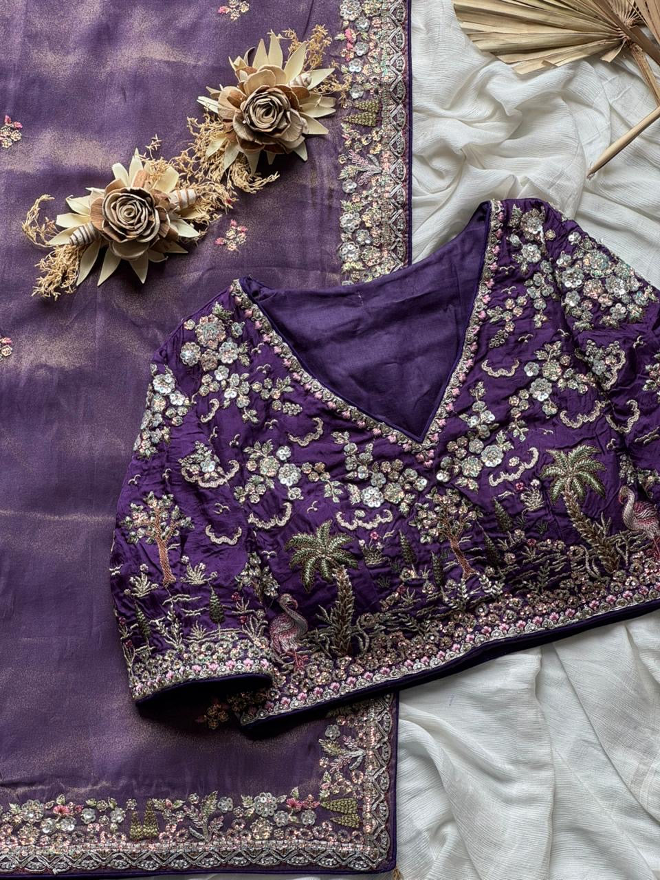 Lavender Tissue Silk Heavy Work Designer Saree with Readymade Blouse