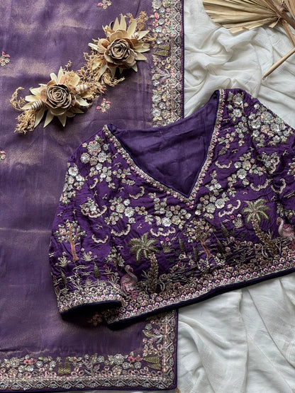 Lavender Tissue Silk Heavy Work Designer Saree with Readymade Blouse