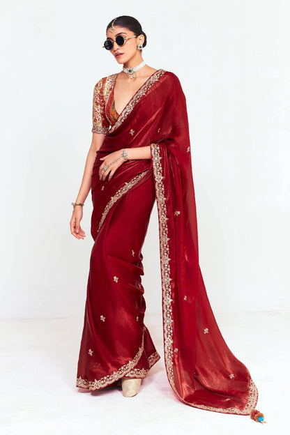 Ruby Red Tissue Organza Silk Partywear Saree