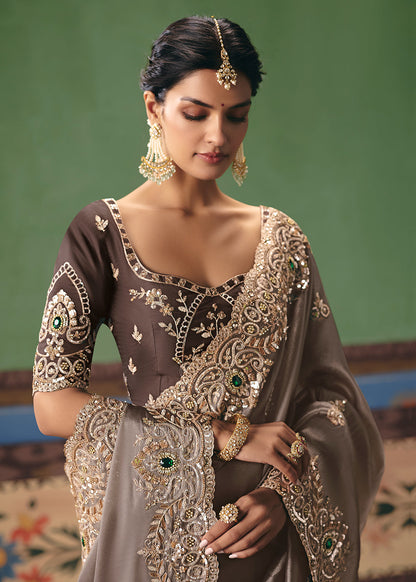 Dusty Grey Soft Tissue Silk Designer Saree