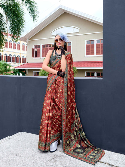 Ochre Red Satin Crepe Digital Printed Saree
