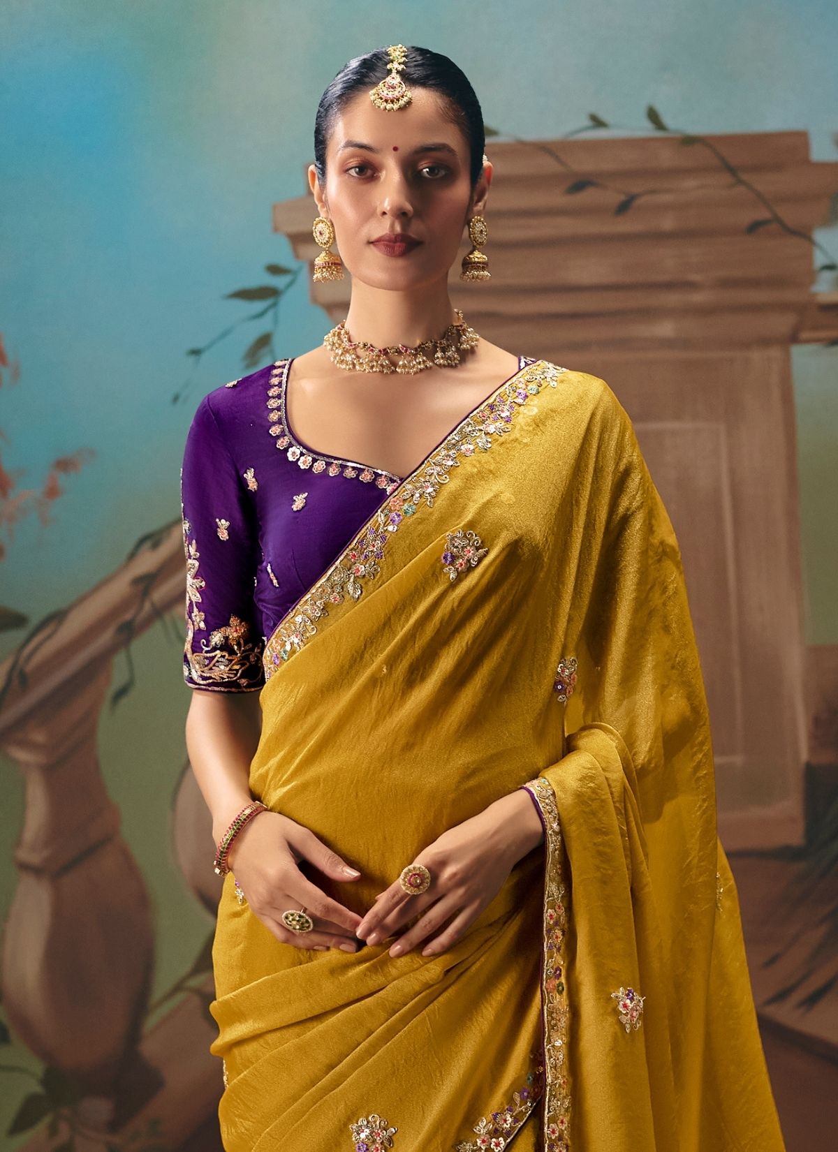 Mustard Yellow Tissue Silk Floral Zari Work Saree