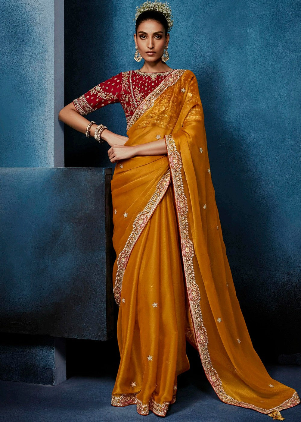 Mustard Yellow Tissue Silk Saree with Designer Readymade Blouse