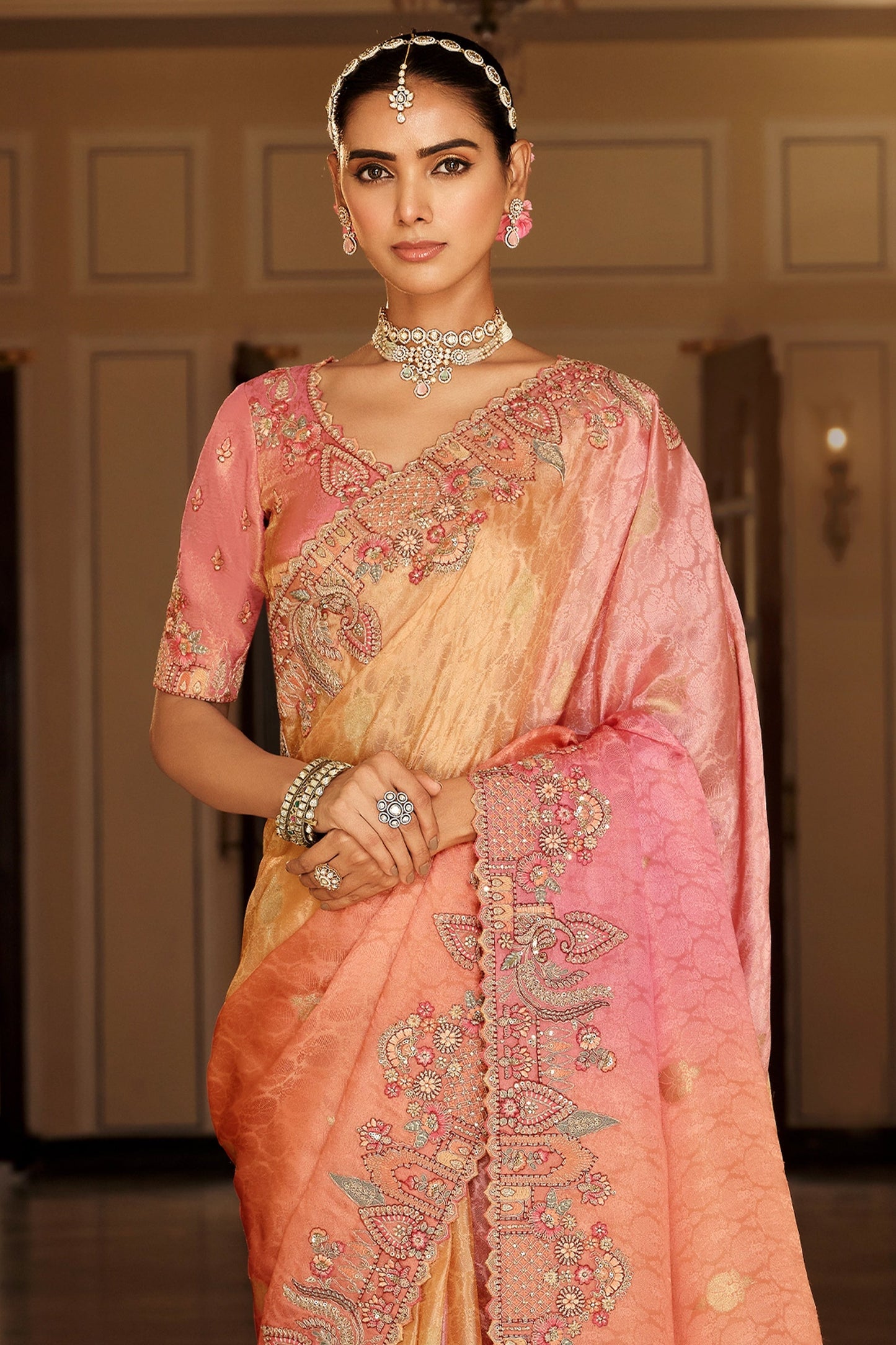Peach, Coral Orange & Pink Embroidered Border Zari Viscose Silk