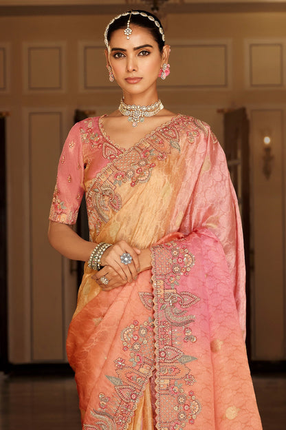 Peach, Coral Orange & Pink Embroidered Border Zari Viscose Silk