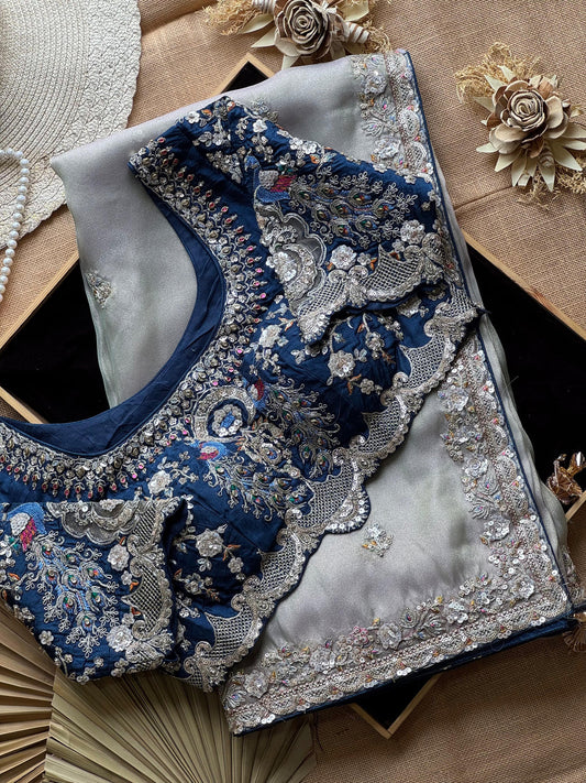 Ash Grey Organza Tissue Silk Designer Saree with Readymade Blouse