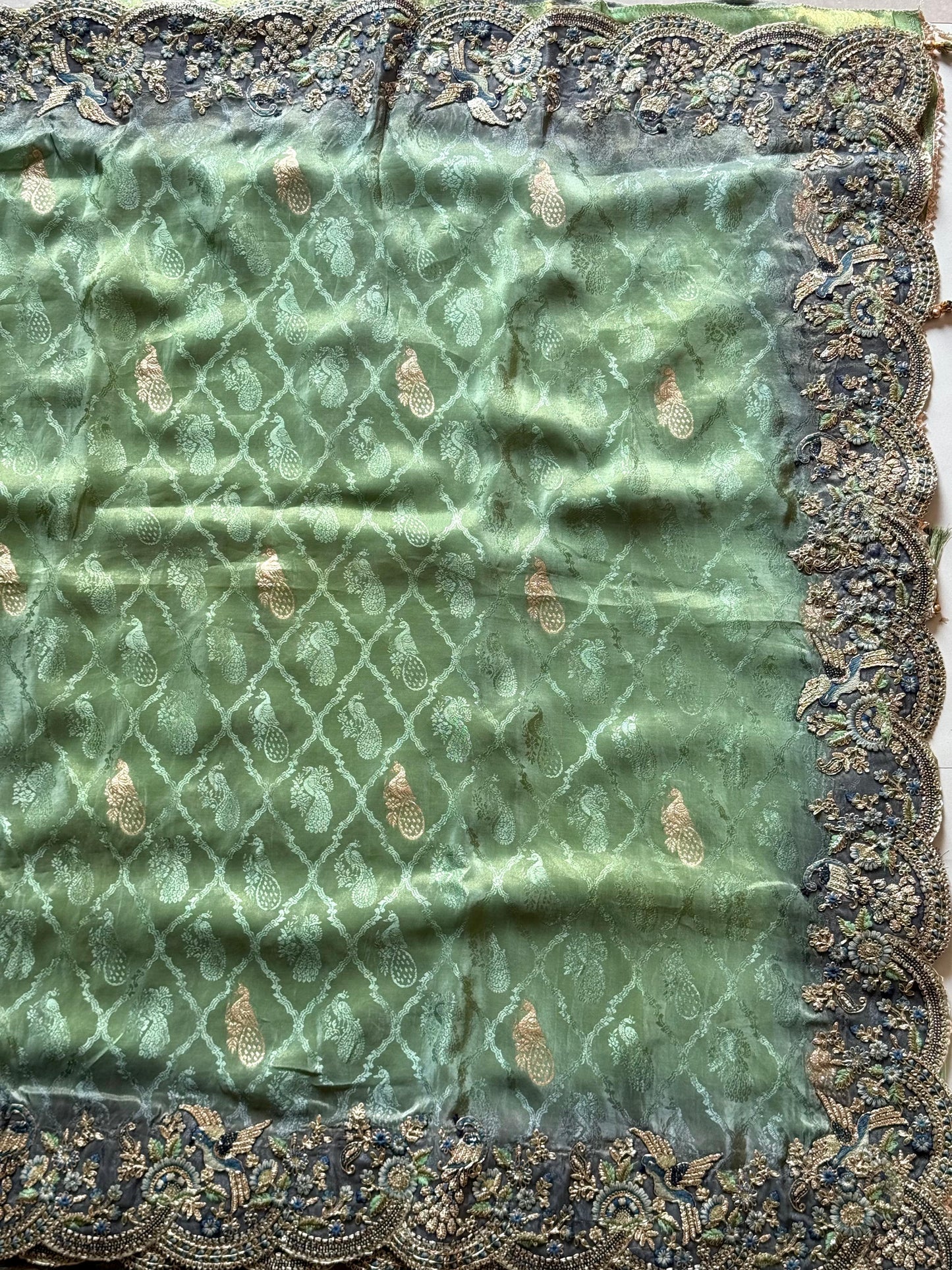 Leaf Green With Teal Blue Embroidered Border Zari Viscose Tissue Saree With Dusty Green Blouse