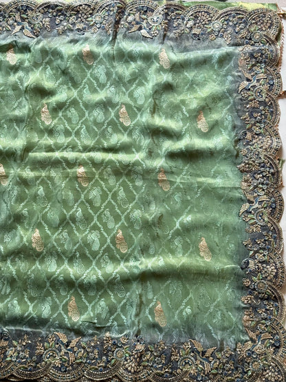 Leaf Green With Teal Blue Embroidered Border Zari Viscose Tissue Saree With Dusty Green Blouse