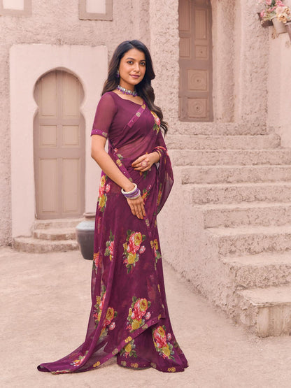 Laxmipati Namrata Wine Georgette Floral Printed Saree