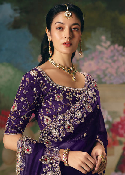 Deep Purple Soft Tissue Silk Heavy Blouse Designer Saree