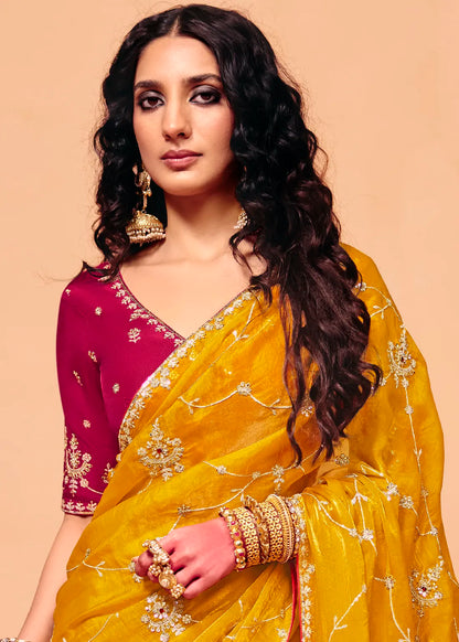 Yellow Soft Tissue Silk Designer Saree (Unstitched blouse)