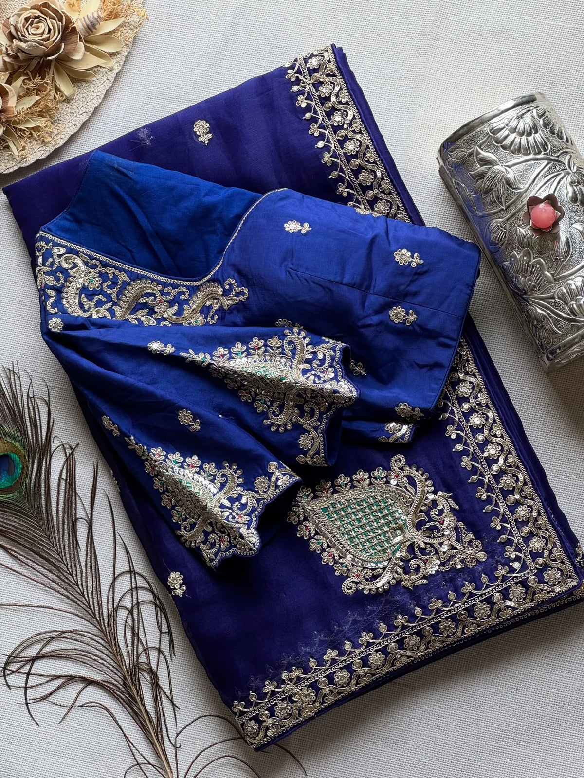 Royal Blue Tissue Silk Saree with designer blouse piece