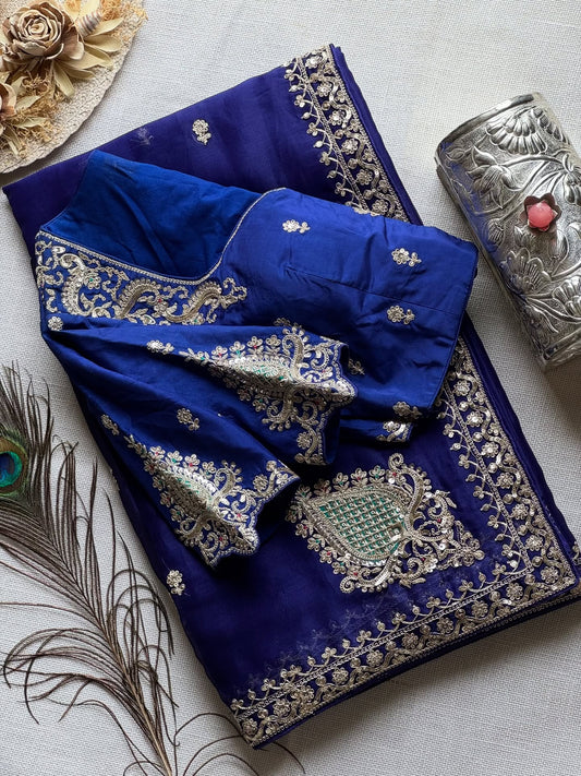 Royal Blue Tissue Silk Saree with designer blouse piece