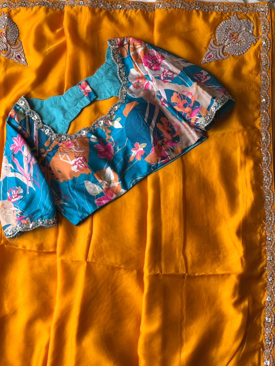 Mustard Yellow Tissue Organza Silk Designer Saree