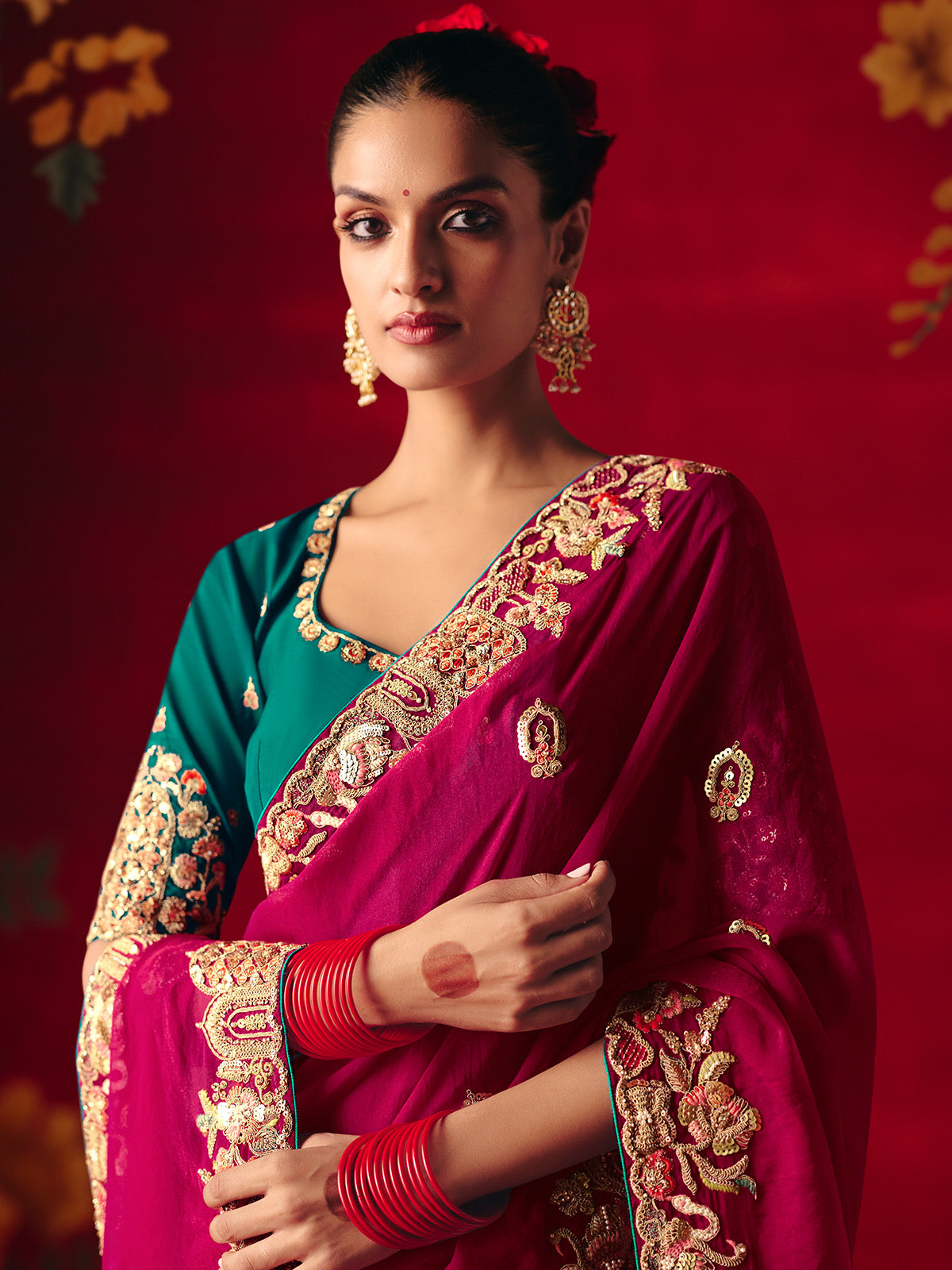 Magenta Pink Tissue Silk Designer Saree