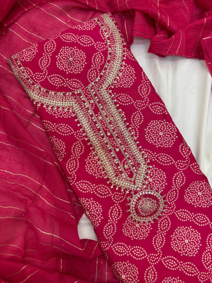 Zari Work with Chunri Print Unstitch Suit Set in Pink Color