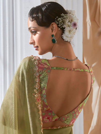 Sea Green Soft Organza Tissue Saree with Printed Blouse
