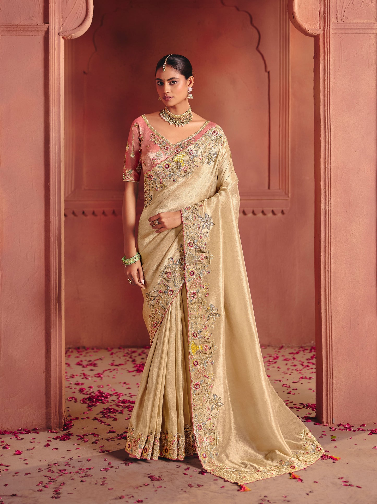 Champagne Gold Heavy Border Gloss Silk Saree
