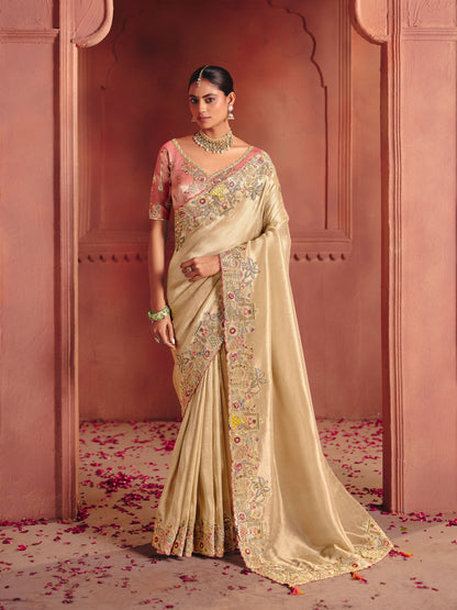 Champagne Gold Heavy Border Gloss Silk Saree