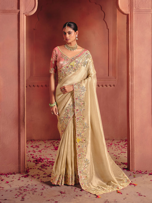 Champagne Gold Heavy Border Gloss Silk Saree