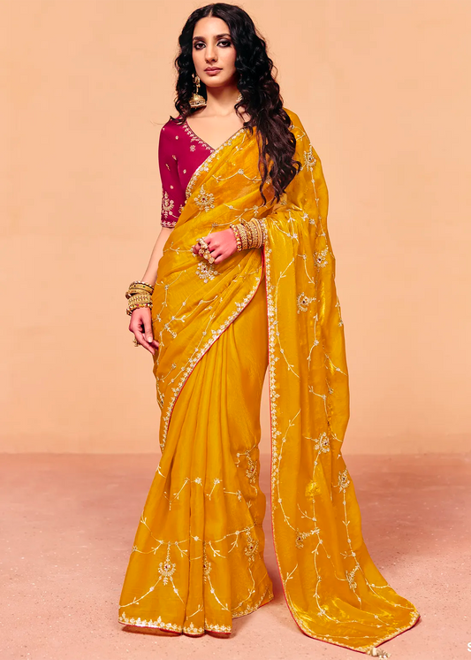 Yellow Soft Tissue Silk Designer Saree (Unstitched blouse)