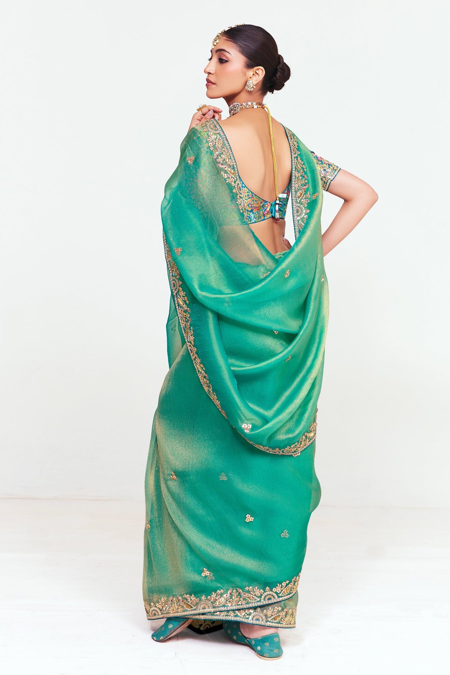Sea Green Tissue Organza Silk Partywear Saree