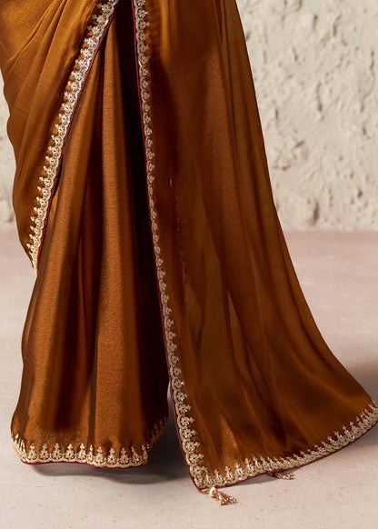 Copper Brown Soft Tissue Silk Designer Saree