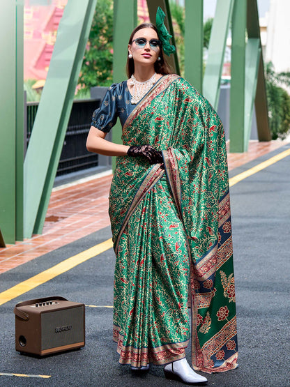 Green Satin Crepe Digital Printed Saree