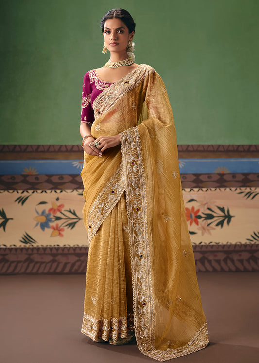 Yellow Crush Tissue Silk Heavy Border Designer Saree